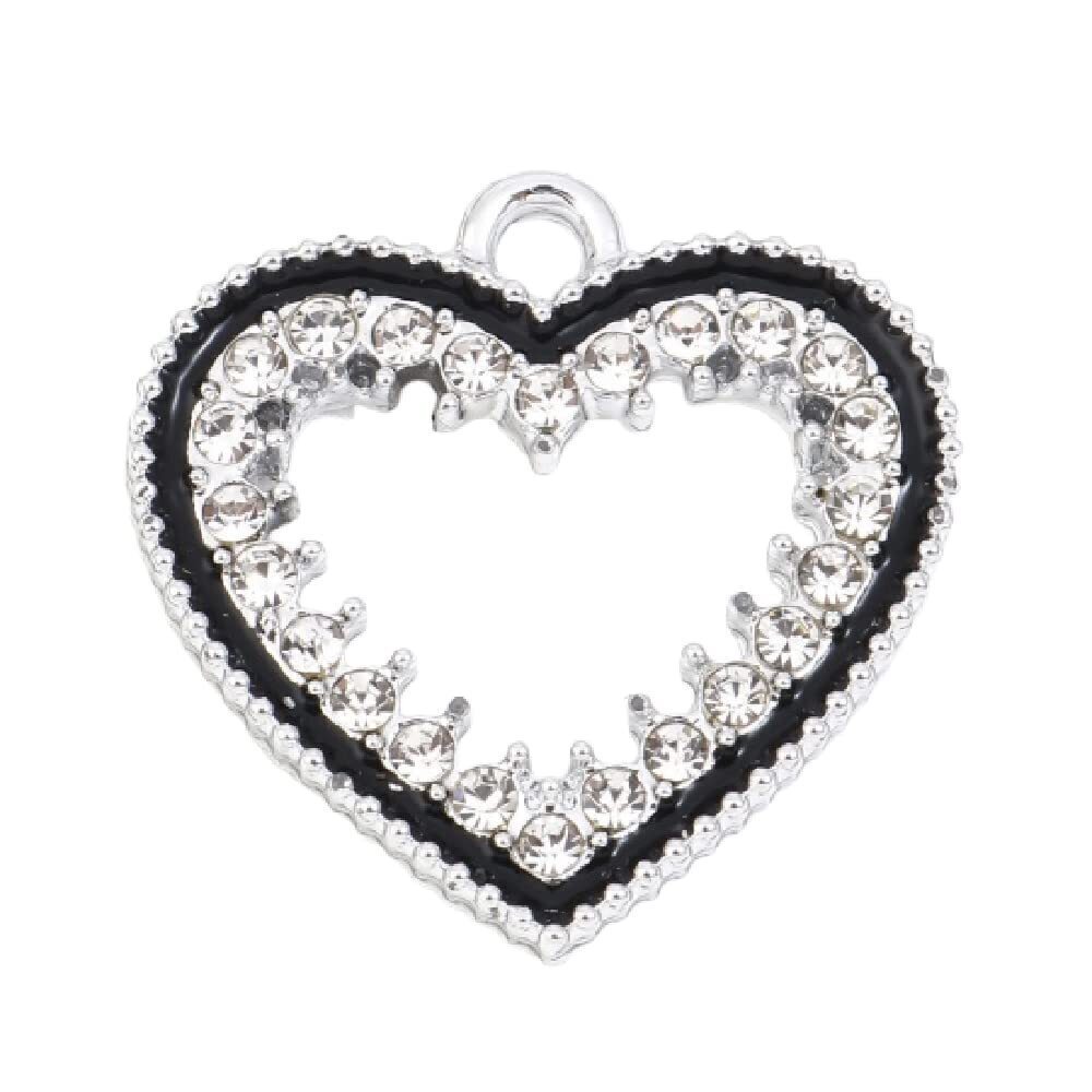 2500 10PC Silver Tone Alloy Black Enamel Rhinestone Heart Charms Pendants